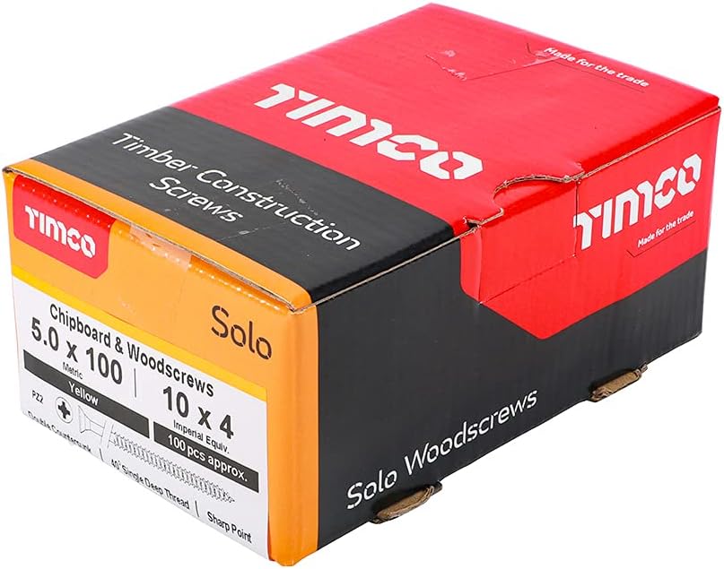 TIMCO Solo Chipboard & Woodscrews - PZ - Double Countersunk - Yellow - 5.0 x 100mm - Box of 100