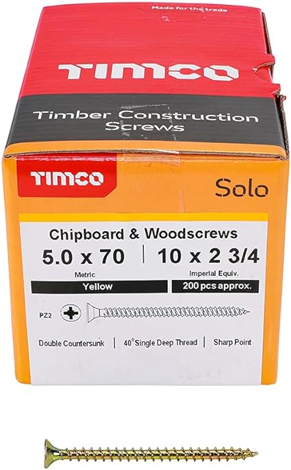 TIMCO Solo Chipboard & Woodscrews - PZ - Double Countersunk - Gold - 5.0 x 70 - Box of 200