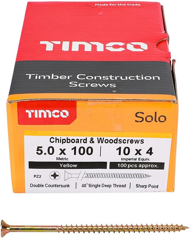 TIMCO Solo Chipboard & Woodscrews - PZ - Double Countersunk - Yellow - 5.0 x 100mm - Box of 100