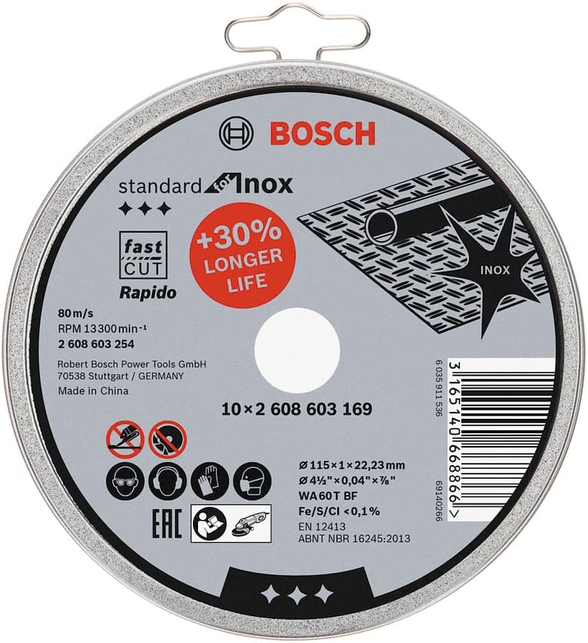 Bosch 2608603254 Standard Inox Rapido Straight Cutting Disc, 115mm x 22mm x 1mm, White
