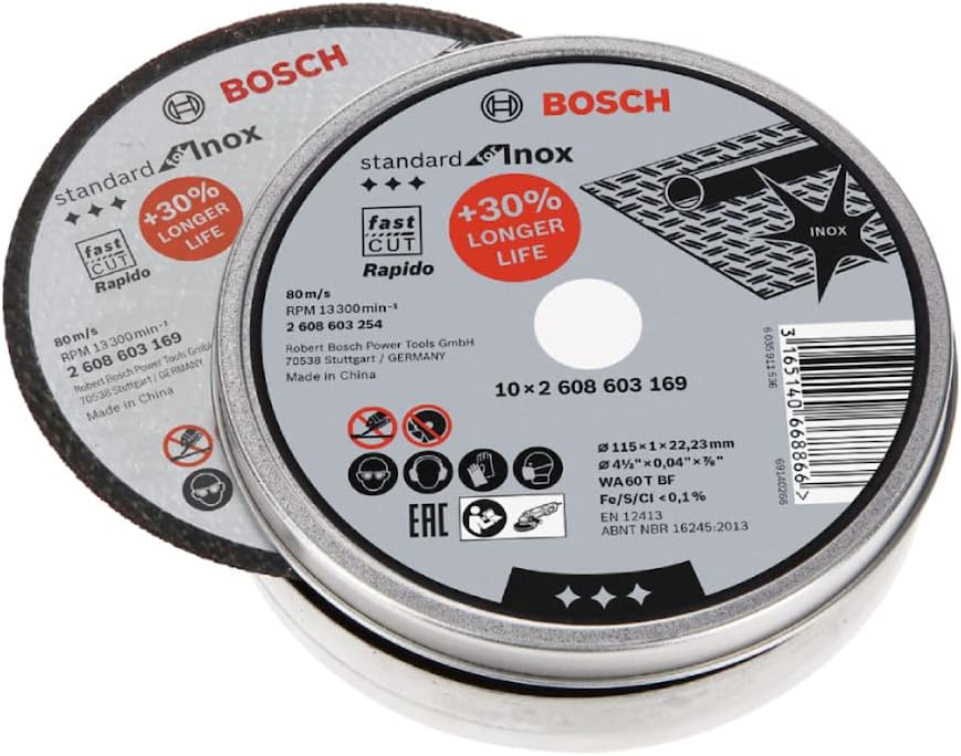 Bosch 2608603254 Standard Inox Rapido Straight Cutting Disc, 115mm x 22mm x 1mm, White