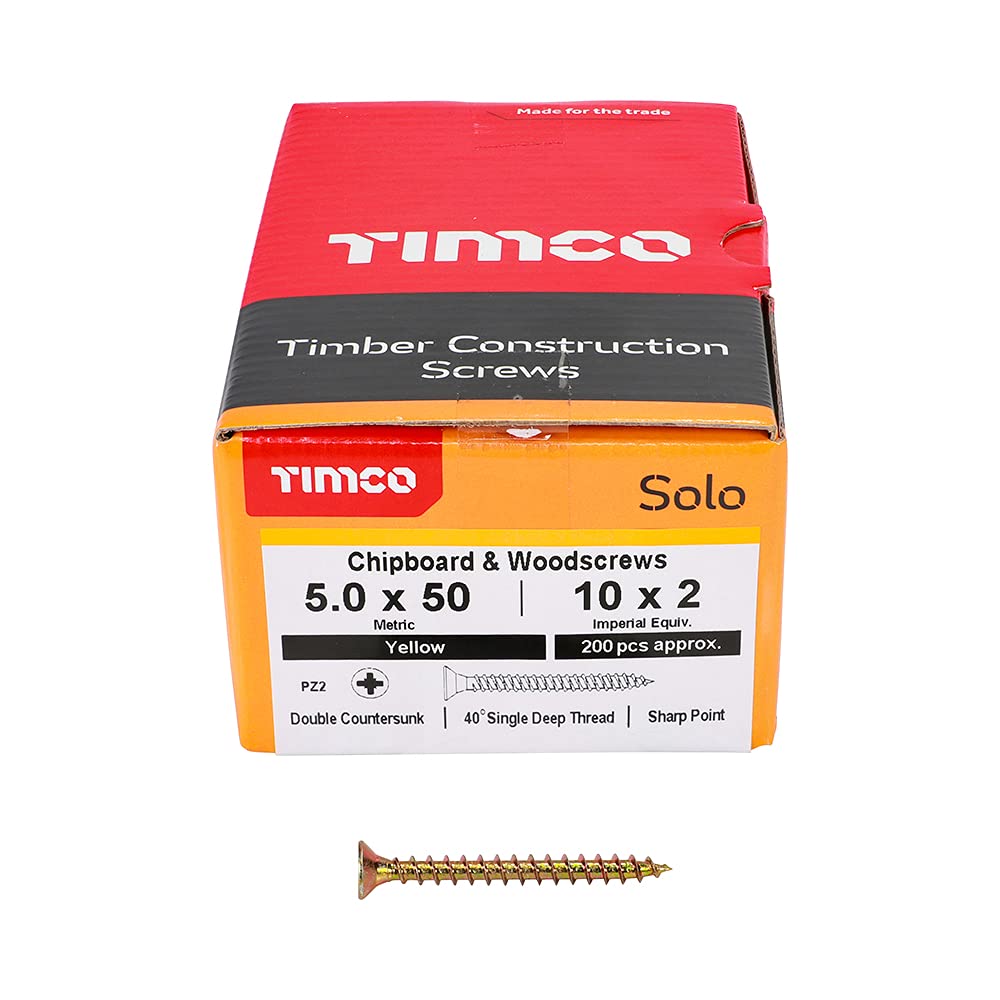 TIMCO Solo Chipboard & Woodscrews - Gold - 5.0 x 50 - Box of 200 - A Single Thread woodscrew mainly Used in Various Types of Timber and Man-Made Boards or into Masonry with The use of Plastic Plug