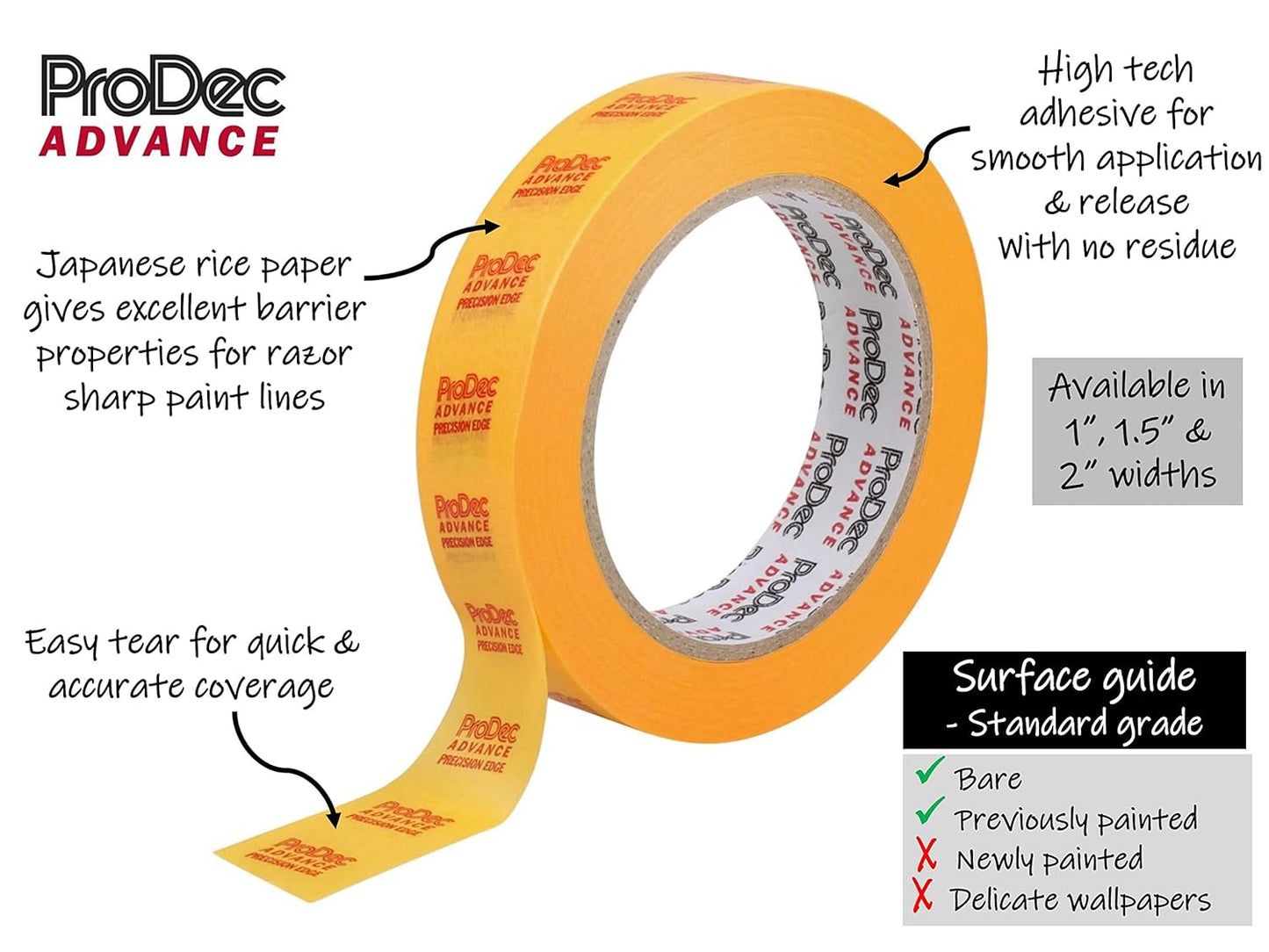 ProDec Advance ATMT003 48mm (2 inch) x 50m Precision Edge Multi Surface Painters Masking Tape for Razor Sharp Lines with No Paint Bleed For Indoor Painting and Decorating,Yellow