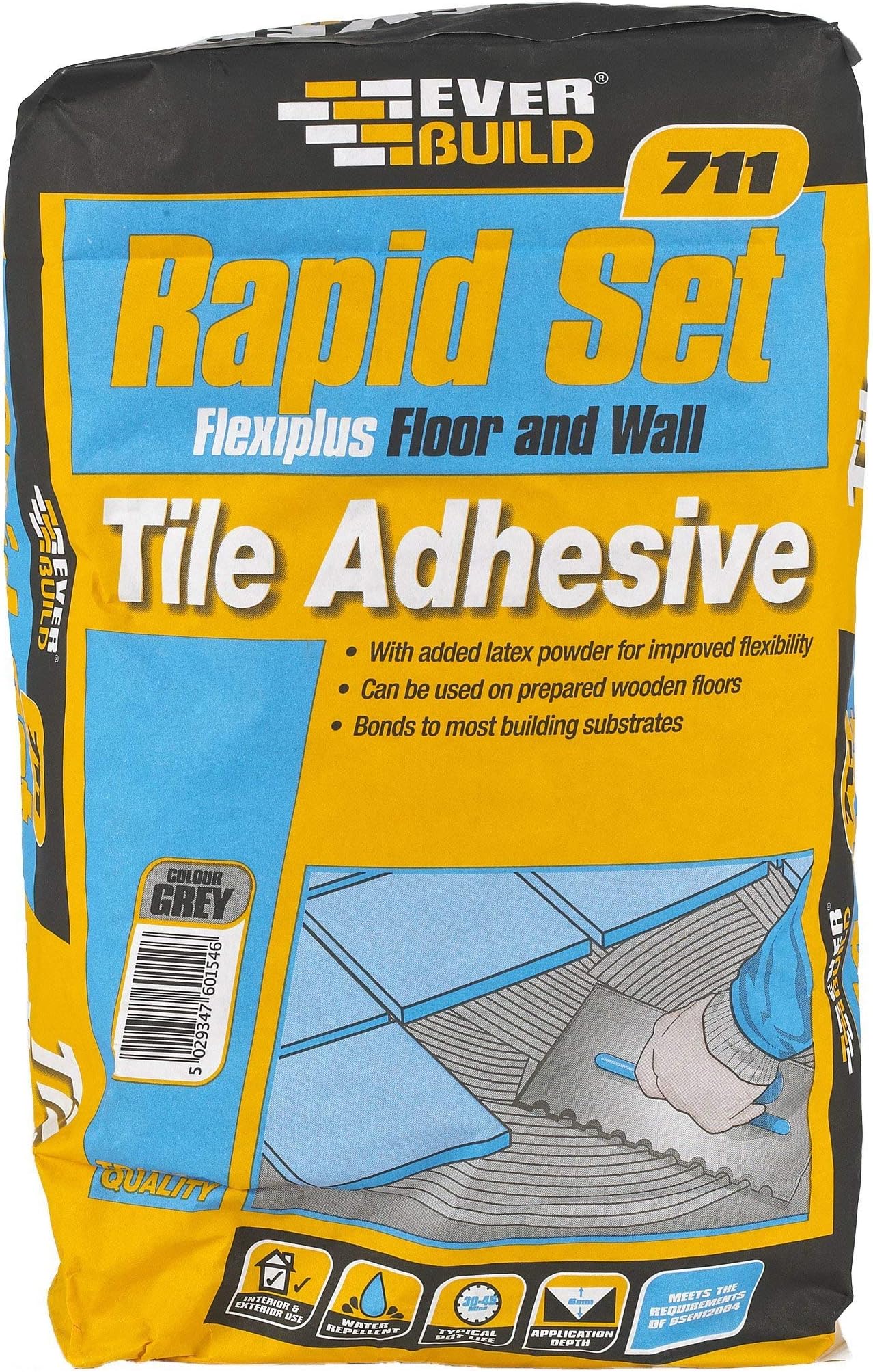 Everbuild 711 TileSet Flexiplus S1 Floor And Wall Tile Adhesive – Ready Mixed – Anti-Mould – Water Resistant – High Strength – Grey – 20kg