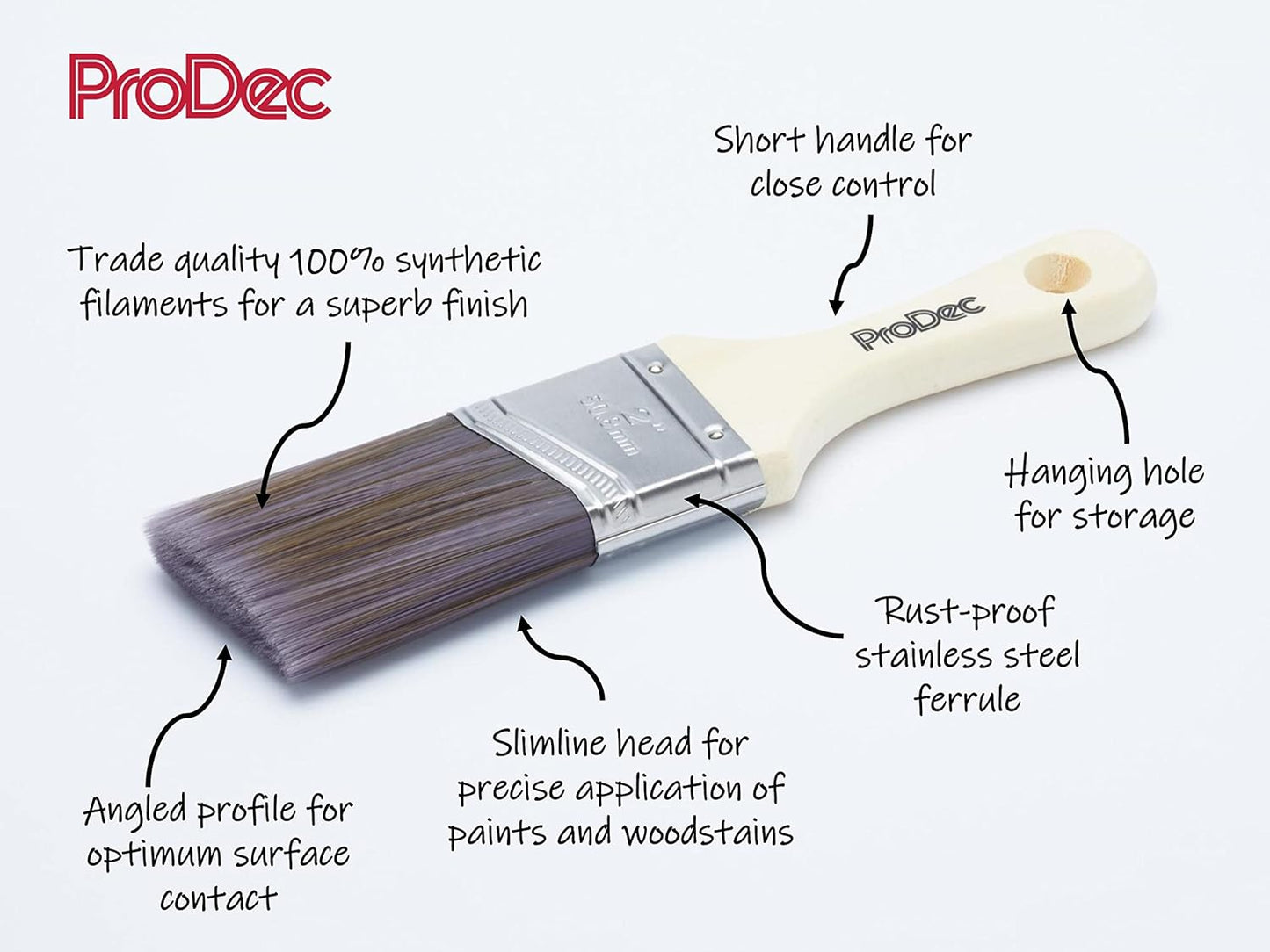 ProDec 2 inch Woodworker Short Handle Paint Brush for a Smooth Finish Painting with Emulsion, Gloss, Satin, Undercoat, Primer, Woodstain, Varnish on Walls, Ceilings, Wood, Metal, 2 Inch 50 mm